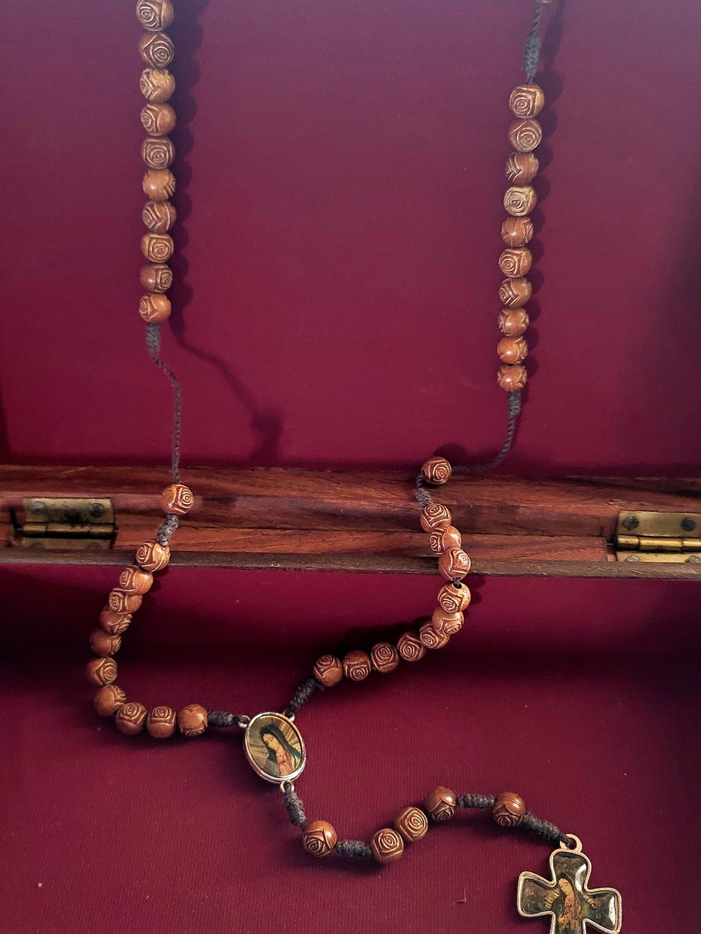Brown Wooden Rosary Necklace with Cross Pendant